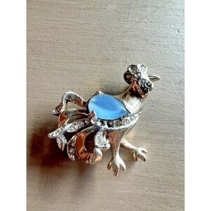 Vintage Rooster Brooch Blue Moonstone Cabochon Rhinestone Silver Tone Statement